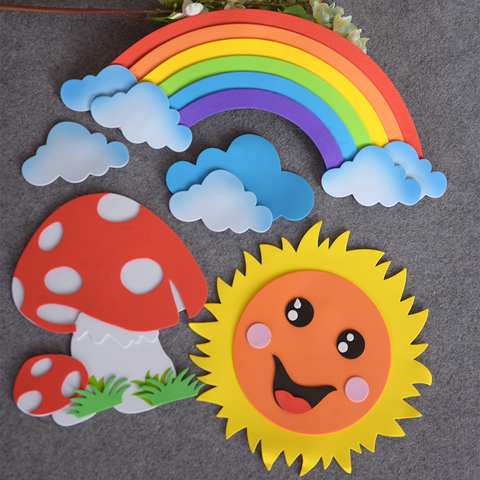 Pegatinas de pared hechas a mano de cielo, Nube de arcoíris, Luna y sol, manualidades de espuma EVA para niños, juguete educativo de decoración de pared, T-N ► Foto 1/6