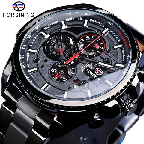 Forsining-Reloj de pulsera automático mecánico para hombre, cronógrafo de tres Dial, de acero inoxidable, deportivo, militar, masculino ► Foto 1/6