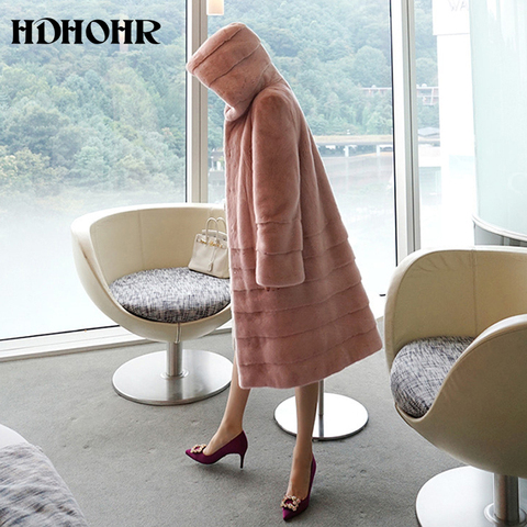 HDHOHR-abrigo de piel auténtica de visón para mujer, abrigo largo de moda de alta calidad, chaquetas de piel de visón reales de varios colores con sombrero, novedad de 2022 ► Foto 1/6