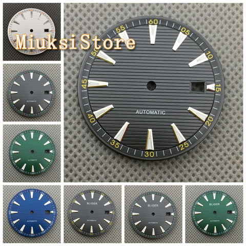 Reloj de PLATA VERDE, marcador luminoso, dial estéril, azul y negro, 33,2mm, apto para NH35, NH36, movimiento automático, 1 Uds. ► Foto 1/6