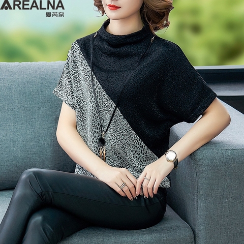 Blusa de manga corta de seda con lentejuelas brillantes para verano, camisa de retazos de leopardo para mujer, Top de talla grande, 2022 ► Foto 1/6