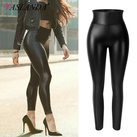 Cuero de la PU de lápiz Pantalones de las mujeres Sexy apretado botín a Skinny Leggings de cuero pantalones de talle alto Control de abdomen Slim Jeggings ► Foto 1/6