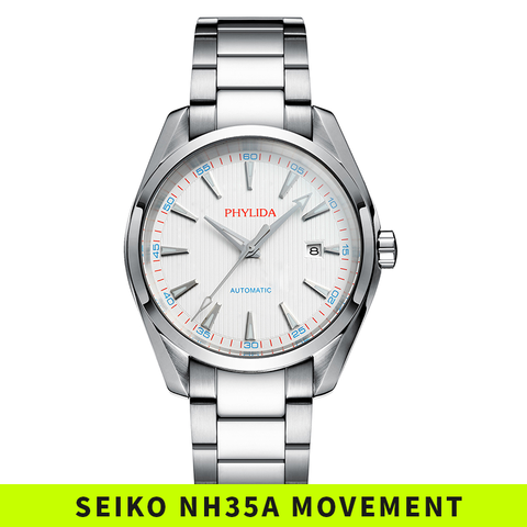 Reloj de pulsera automático NH35A, resistente al agua, con esfera blanca, mecánico, de lujo, de cristal de zafiro sólido SS, 10 bares ► Foto 1/6