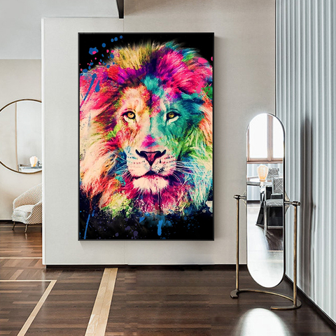 León colorido cuadro sobre lienzo para pared carteles nórdicos y impresiones para pared de Animal para la sala Cuadros decoración para el hogar ► Foto 1/5