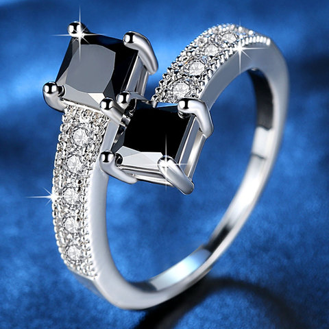 Hpxmas anillo femenino de plata doble piedra negra anillo de mujer circonita elegante estrella cuadrada anillo abierto ancho regalo para mujeres Dropshopping ► Foto 1/6