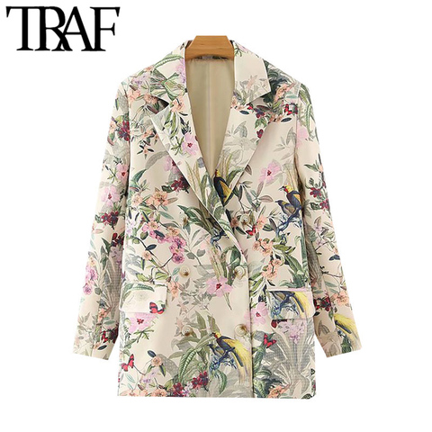 TRAF de moda de las mujeres Oficina Blazer estampado Floral Vintage abrigo de manga larga bolsillos ropa femenina Chic Tops ► Foto 1/6