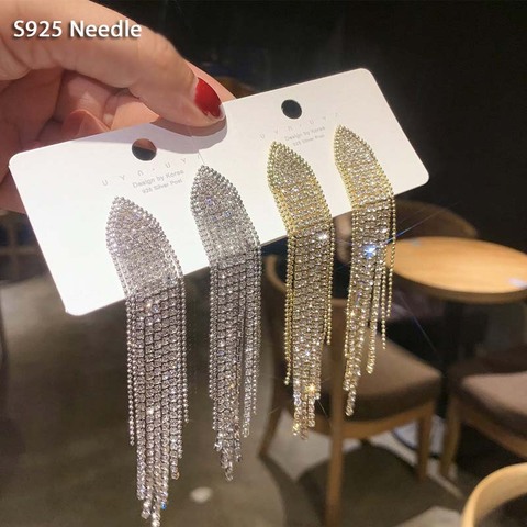 Pendientes colgantes largos de aguja para mujer, de Plata de Ley 925, joyería ostentosa, con diamantes de imitación, aretes de borla dorados para mujer, Bisutería ► Foto 1/6