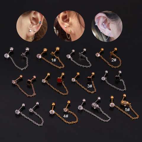 20G de doble Piercing para cartílago helicoidal trago Stud pendientes Acero inoxidable barra Piercing estrella Cruz cráneo cadenas de joyería del cuerpo ► Foto 1/6