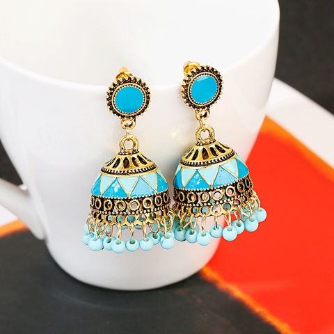 Pendientes étnicos y clásicos de cuentas de Jhumka para mujer, aretes hechos a mano, de estilo gitano, con farol y borla de palacio ► Foto 1/6