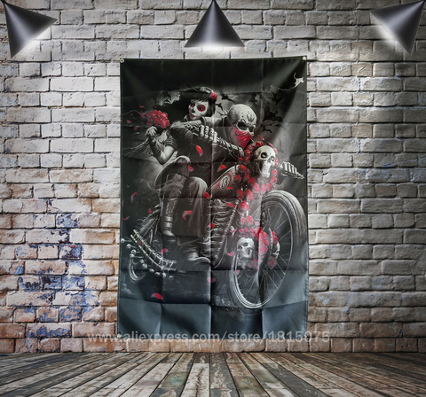 Cráneo tatuaje motocicleta rosas bandera Sexy dama artístico de belleza casa decoración colgante 4 Gromments en las esquinas 3 * 5FT ► Foto 1/1