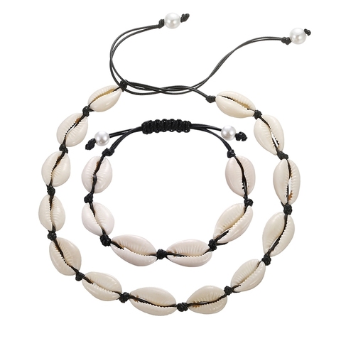 Collar de cadena de cuerda negra con conchas marinas, Gargantilla de conchas naturales, regalo de playa, para verano ► Foto 1/6