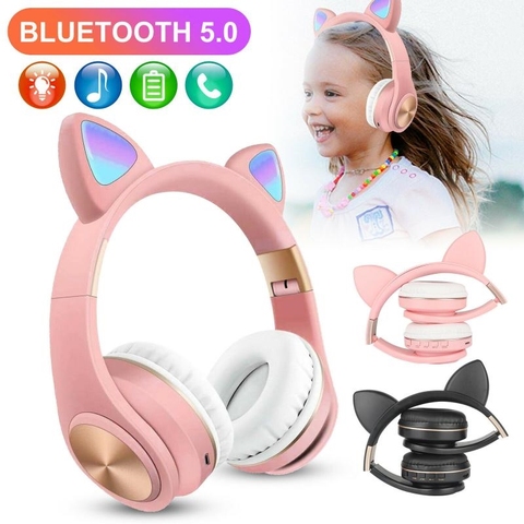 Auriculares con orejas de gato para niños y jóvenes, cascos con Bluetooth 5,0, LED intermitente, soporte para tarjeta TF, enchufe de 3,5mm con micrófono FM ► Foto 1/6