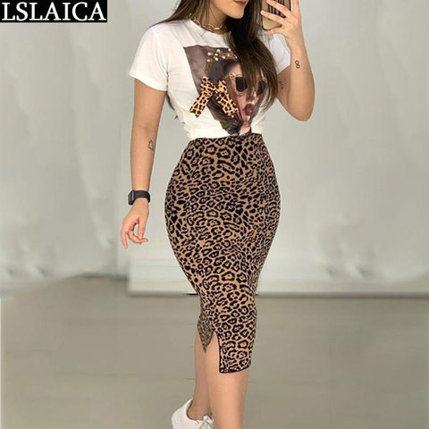 Conjunto de dos piezas para mujer, camiseta informal con cuello redondo y falda, estampado de leopardo, conjunto de oficina, Ropa ajustada elegante ► Foto 1/3