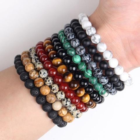 Pulsera con cuentas naturales para hombre, 8mm, piedra volcánica natural, Ojo de Tigre, ónix negro, cuentas curativas mate, encanto elástico, joyería de Yoga para mujer ► Foto 1/6