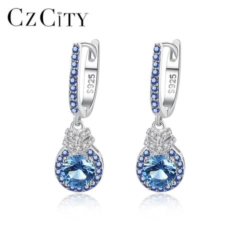 CZCITY Azul Pequeño aro pendientes para las mujeres saliendo parte 100% de Plata de Ley 925 gota de agua forma pendientes de joyas de regalo SE0226 ► Foto 1/6