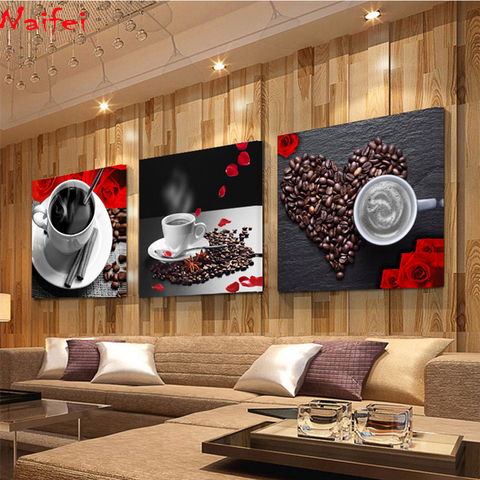 Pintura de pared de diamantes con copa de café bordada, imágenes de pared para cocina o cafetería, decoración de pared de tienda, mosaico de diamantes, 3 paneles ► Foto 1/6