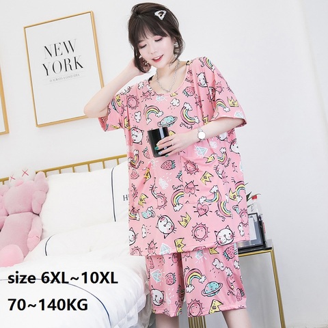 Conjunto de pijamas de verano para Mujer, ropa de dormir de talla grande, 8XL, 10XL100KG, 140KG, pantalones cortos de talla grande, para el hogar ► Foto 1/6