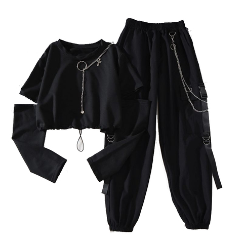 Pantalones Cargo Harajuku para mujer, de dos piezas ropa bonita, cadena para traje de manga larga + Pantalones de cinta, primavera y otoño ► Foto 1/6