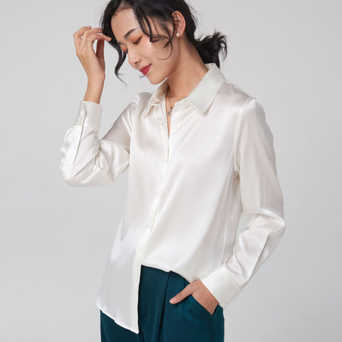 Camisas de seda blusa de mujer de alta calidad elegante puro Natural 100% seda Charmeuse chino 19mm manga larga brillante Mujer 2022 ► Foto 1/6