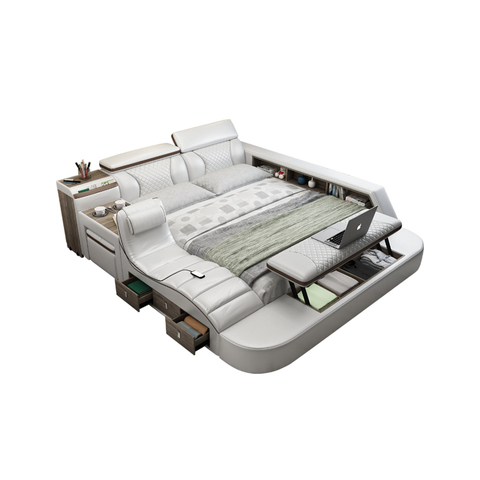 Marco de cama de masaje multifuncional de cuero genuino, cama nórdica moderna con almacenamiento, luz LED, Bluetooth, cómoda segura ► Foto 1/6