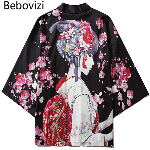 Bebovizi-Kimono negro con estampado de belleza para hombre y mujer, cárdigan, bata China Haori Obi, ropa tradicional japonesa ► Foto 1/6