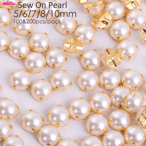 Cuentas de perlas de coser blancas de 5/6/7/8/10mm cosido en diamantes de imitación con plata /garra de oro media perla redonda para ropa artesanal ► Foto 1/6