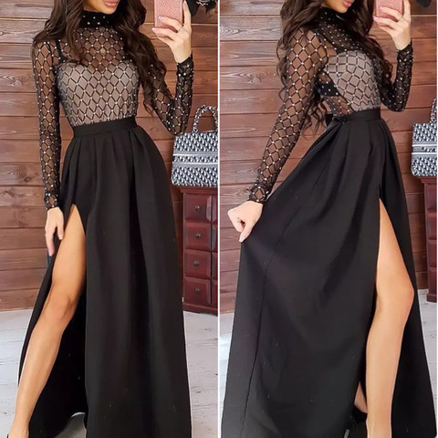 Vestido largo para fiesta de noche ceñido transparente de manga larga a cuadros para mujer, vestido largo para discoteca ► Foto 1/6