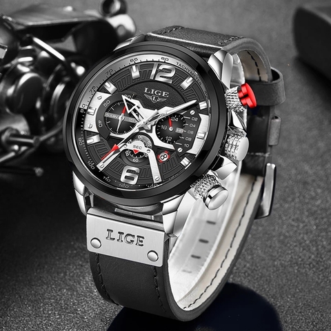 LIGE-relojes para hombre, cronógrafo deportivo, automático, de pulsera, de cuero, negro, 2022 ► Foto 1/6