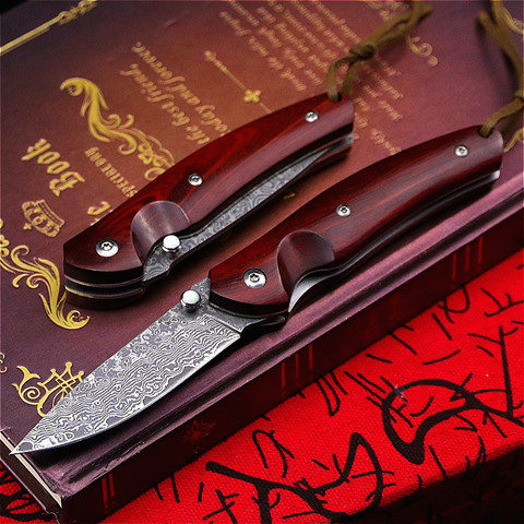 PEGASI-cuchillo plegable de acero damasco, de sándalo rojo, bolsillo afilado, plegable, cuchillo de acero de Damasco, táctico, plegable, para exteriores ► Foto 1/6
