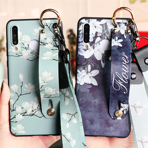 Funda para Huawei Honor 8X 8A 9 9X 6A 7A 7X View 10 20 Lite Pro 30 10i 20i Play, soporte para teléfono, correa de muñeca con flores, funda de TPU con cordón ► Foto 1/6