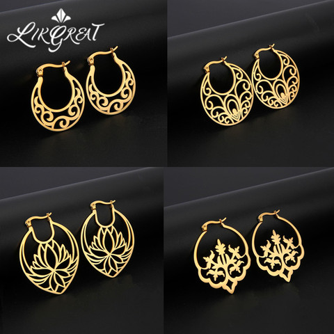 LIKGREAT-pendientes de acero inoxidable para mujer, aretes colgantes de árbol de flor de loto ahuecados Vintage, joyería Bohemia ► Foto 1/6