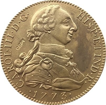 Copia de monedas chapadas en oro de 24 K, copia de Monedas de España de 8 escudo, Carlos III, 1773 ► Foto 1/2