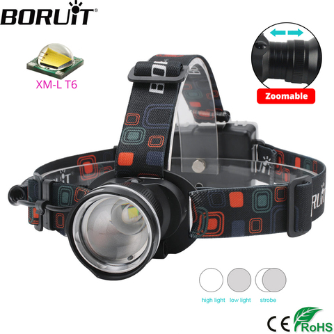 BORUiT RJ-2166 4000LM T6 LED faro 3-Mode Zoom linterna de cabeza impermeable para Camping linterna de caza con batería AA ► Foto 1/6