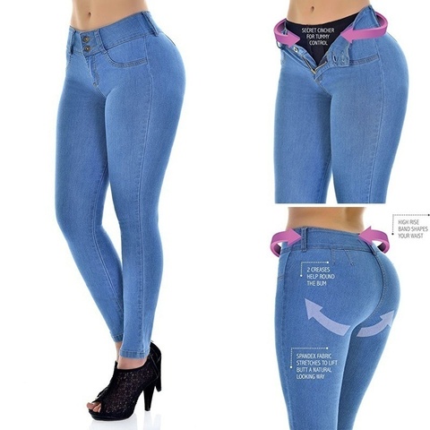 Pantalones vaqueros de talla grande para mujer, Vaqueros elásticos de cintura alta para novio, vaqueros para mamá, pantalones pitillo elásticos azules ► Foto 1/6