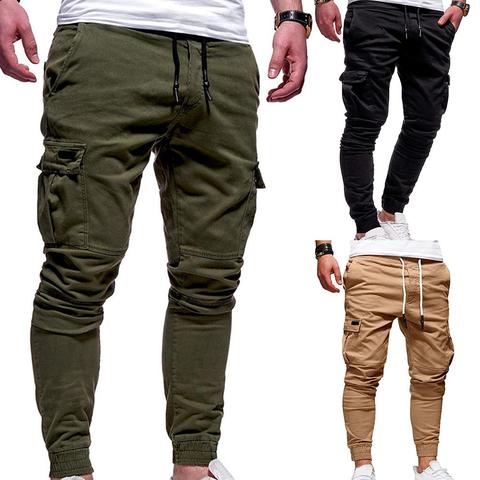 Pantalones informales para hombre, de Color sólido, con múltiples bolsillos, cordón en el tobillo, con bolsillos, Cargo ► Foto 1/6