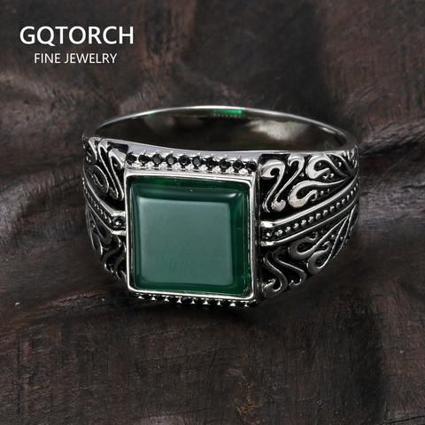 Anillos de plata de ley 925 para hombre, anillos Vintage con flor grabada en negro verde rojo, piedra Natural de ónice, forma cuadrada, joyería de Turquía Punk ► Foto 1/6