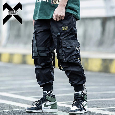 BYBB'S-pantalones Cargo oscuros para hombre, ropa de calle, pantalón hasta el tobillo, con cintas, cintura elástica, color negro, Hip Hop, DG166 ► Foto 1/6