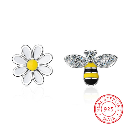 Pendientes asimétricos de circón con forma de abeja para mujer y niña, aretes de Plata de Ley 925, S-E644 ► Foto 1/4