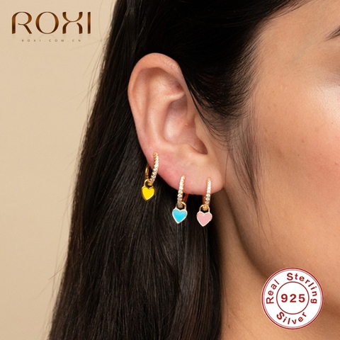 ROXI Lovely Ins-pendientes redondos de aro con cristales de corazón para mujer y niña, aretes de cartílago rosa, azul y verde, Plata de Ley 925 ► Foto 1/6