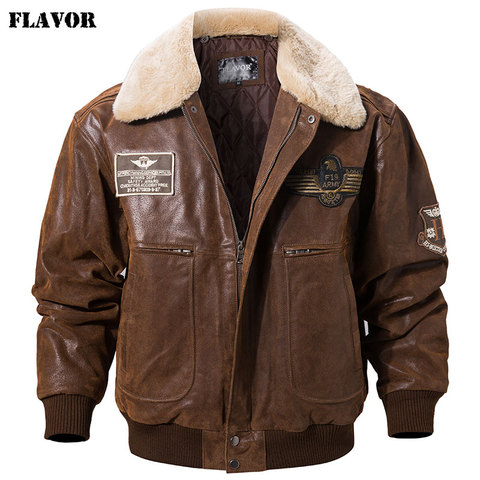 Flavour-Chaqueta Bomber de piel auténtica para hombre, chaqueta con cuello de piel de cerdo extraíble, abrigo cálido de invierno ► Foto 1/6