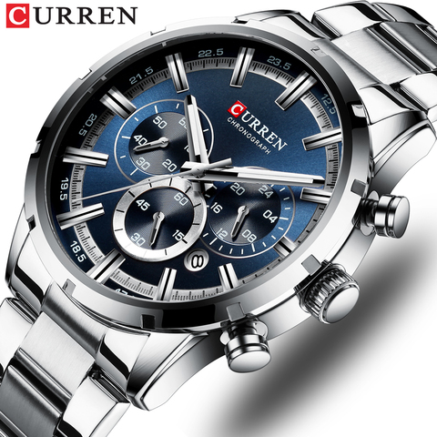 CURREN-relojes militares de cuarzo para hombre, de pulsera, de acero inoxidable, azul y plateado, deportivo, informal ► Foto 1/6