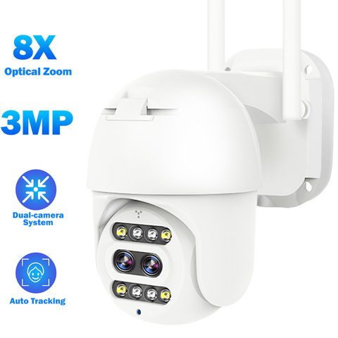 3MP Cámara cámara IP WIFI Dual-cámara Sistema de lente PTZ cámara de seguridad de Casa 8X cámara con Zoom CCTV P2P velocidad Domo cámara de Auto de seguimiento ► Foto 1/6