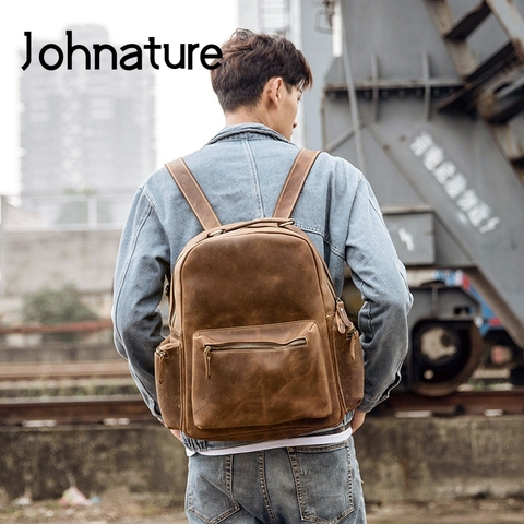 Johnature, mochila Simple hecha a mano de cuero de vaca para hombres, 2022, nueva Bolsa de viaje de ocio, mochila Vintage de cuero de Caballo loco para ordenador portátil ► Foto 1/6