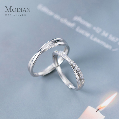 Modian-par de anillos de compromiso románticos para hombre y mujer, Plata de Ley 925 brillante, CZ transparente, línea brillante, joyería ► Foto 1/5