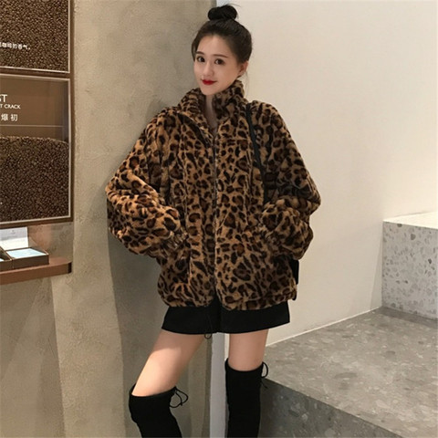 Chaqueta de invierno de las mujeres Chaqueta de leopardo Vintage cuello cremallera prendas de vestir dama suelto de talla grande borroso abrigo parte de arriba ropa informal A1454 ► Foto 1/6