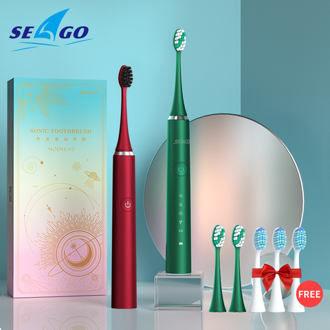 SEAGO-Cepillo de dientes eléctrico para adultos, limpiador automático dental modelo S2 con 5 modos de limpieza, onda acústica, juego 5 cabezales de cepillo y cargador USB de DC 5V, regalo para parejas ► Foto 1/6