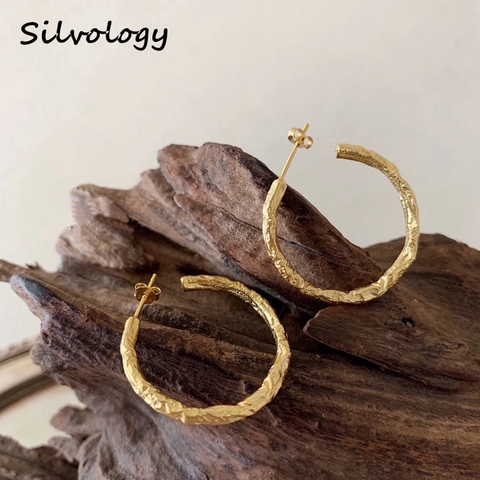 Silvology-pendientes grandes de Plata de Ley 925 con forma de C para mujer, aretes de exageración de papel de aluminio de dorado Irregular, regalo de joyería ► Foto 1/6