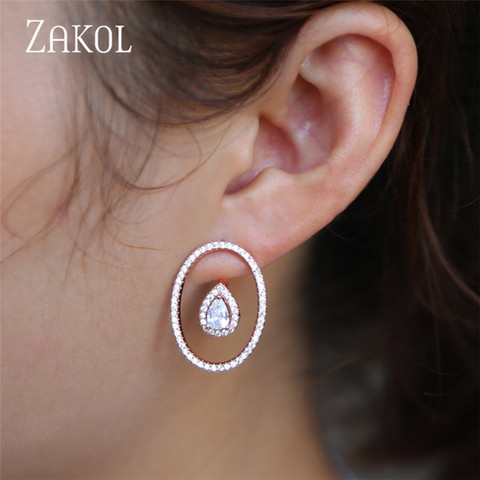 ZAKOL-pendientes redondos de circonia cúbica para mujer, aretes de gota de agua para mujer, boda, cena, aniversario, regalo de cumpleaños, joyería FSEP2380 ► Foto 1/5