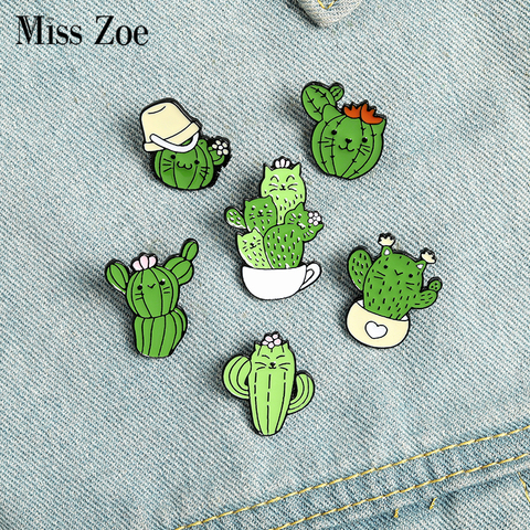 Pin esmaltado con forma de Cactus para niños, broches personalizados con diseño de gatito, cara, Cactus, color café, camisa, solapa, divertido Animal, insignia regalo de la joyería ► Foto 1/6