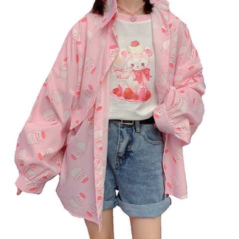 Blusa informal de manga larga con estampado de fresa para verano, camisa de manga larga con Camisa estampada, estilo coreano ► Foto 1/6